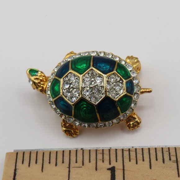 Jewelry - Vintage Green Blue Enamel Rhinestone Accent Gold Tone Turtle Brooch